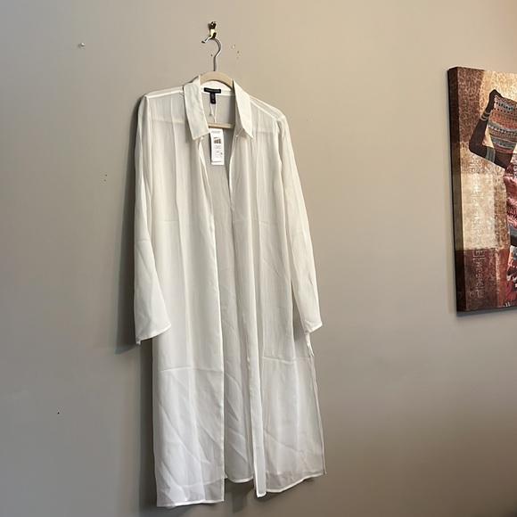 Eileen Fisher Crinkled Sheer Silk Point Collar Long SleeveOpenFront Midi Jacket - Picture 4 of 9